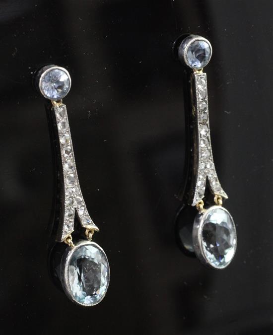 A pair of gold, aquamarine and diamond drop earrings, 1.5in.